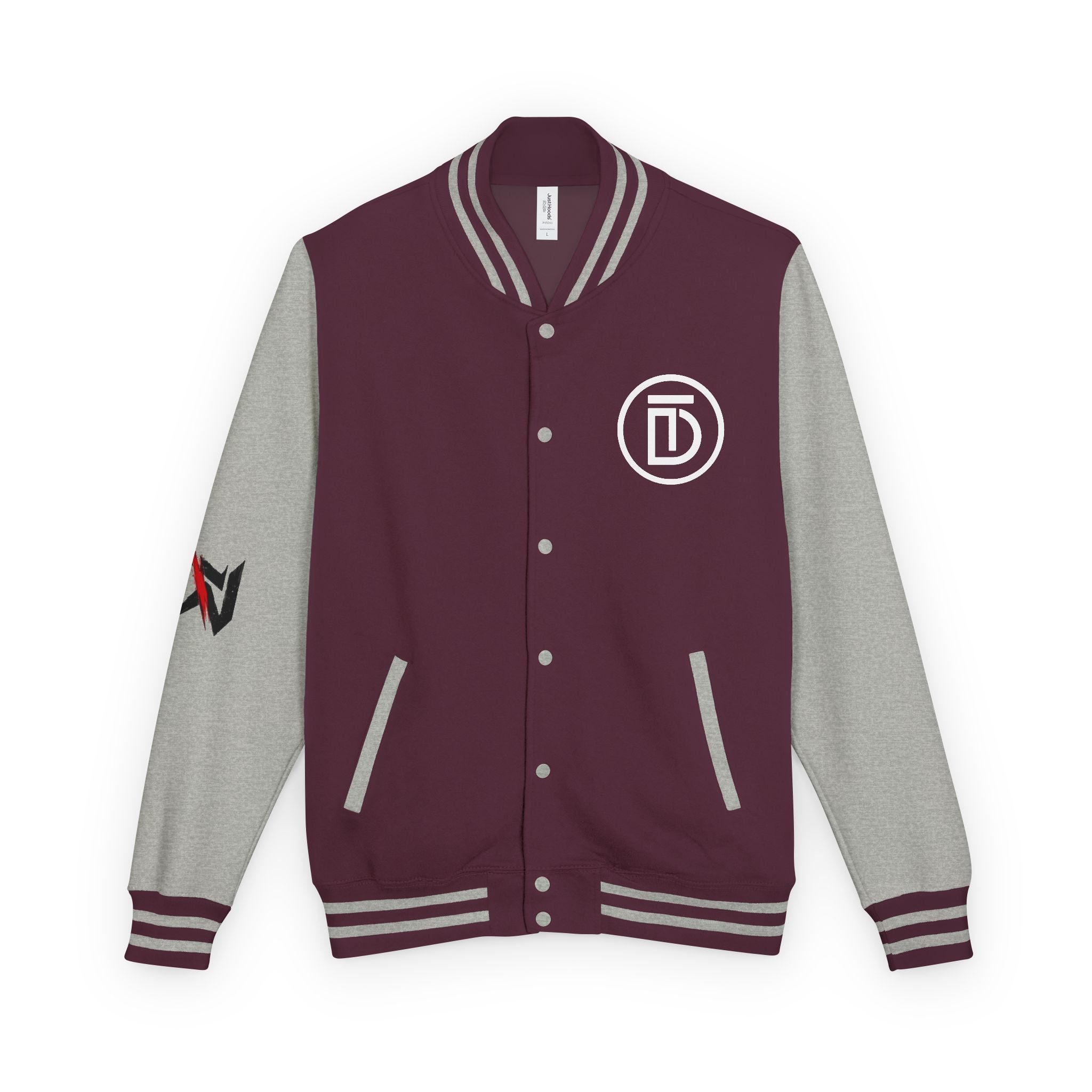 Letterman Jacket — Red & White 'Dictate' Varsity Jacket with Logo