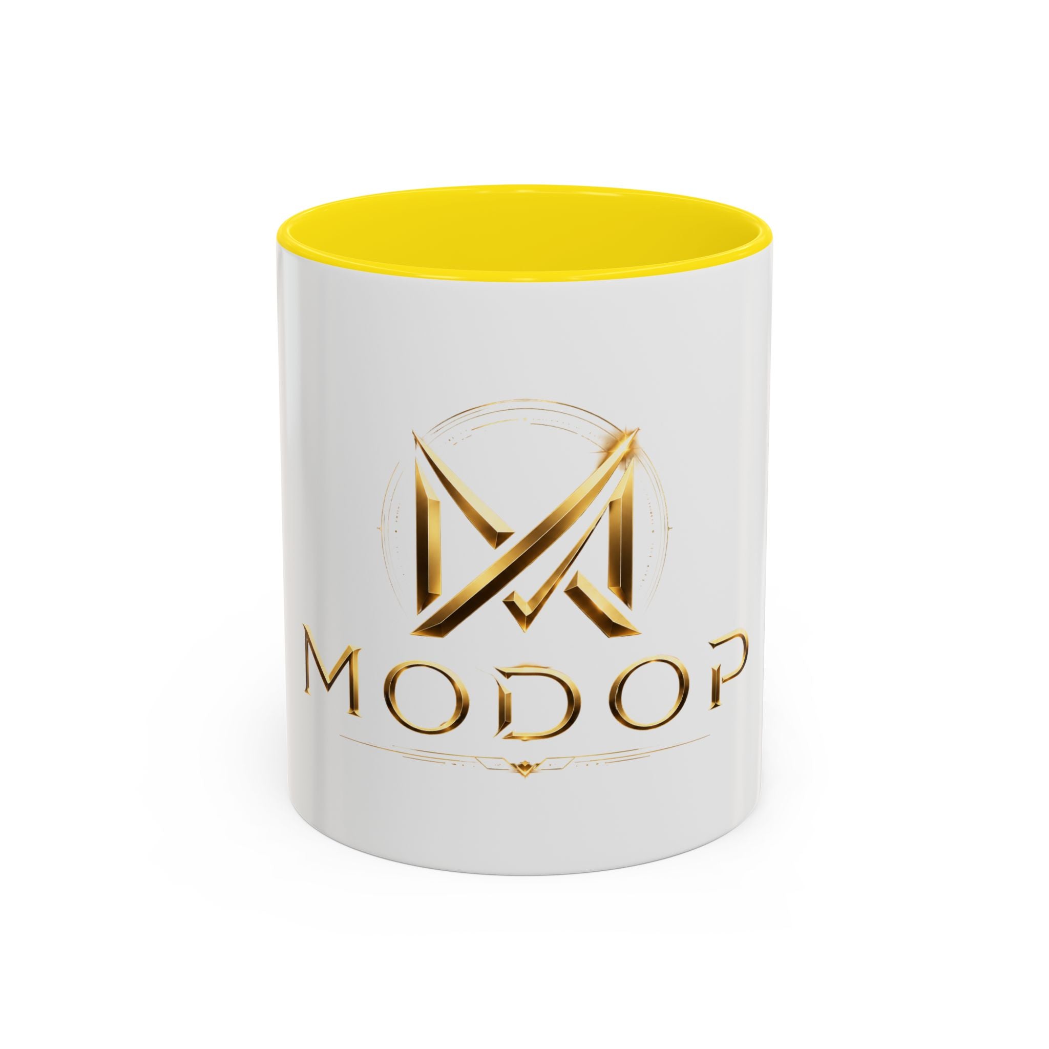 Gold MODOP Logo Accent Coffee Mug — 11oz Branded Ceramic Mug