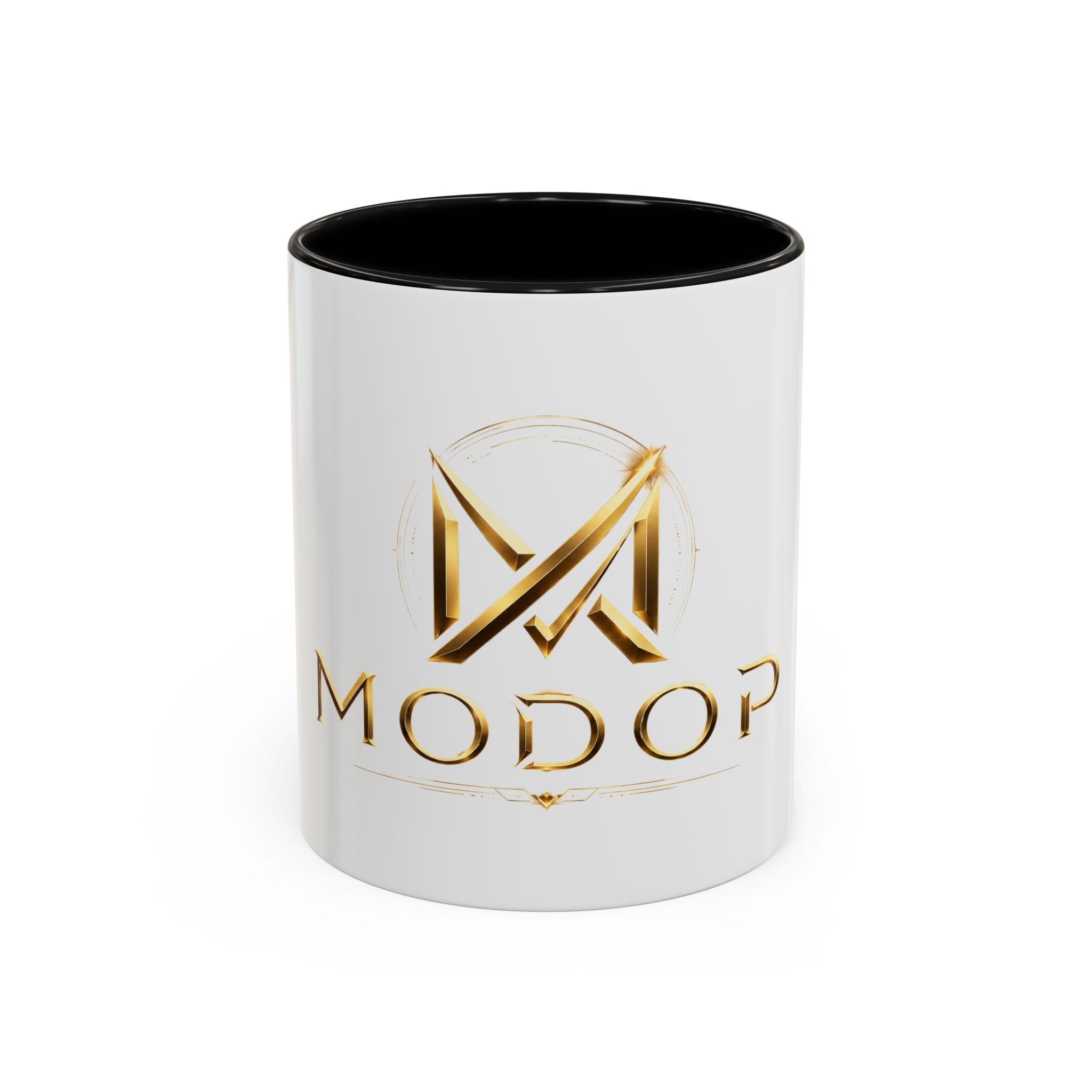 Gold MODOP Logo Accent Coffee Mug — 11oz Branded Ceramic Mug